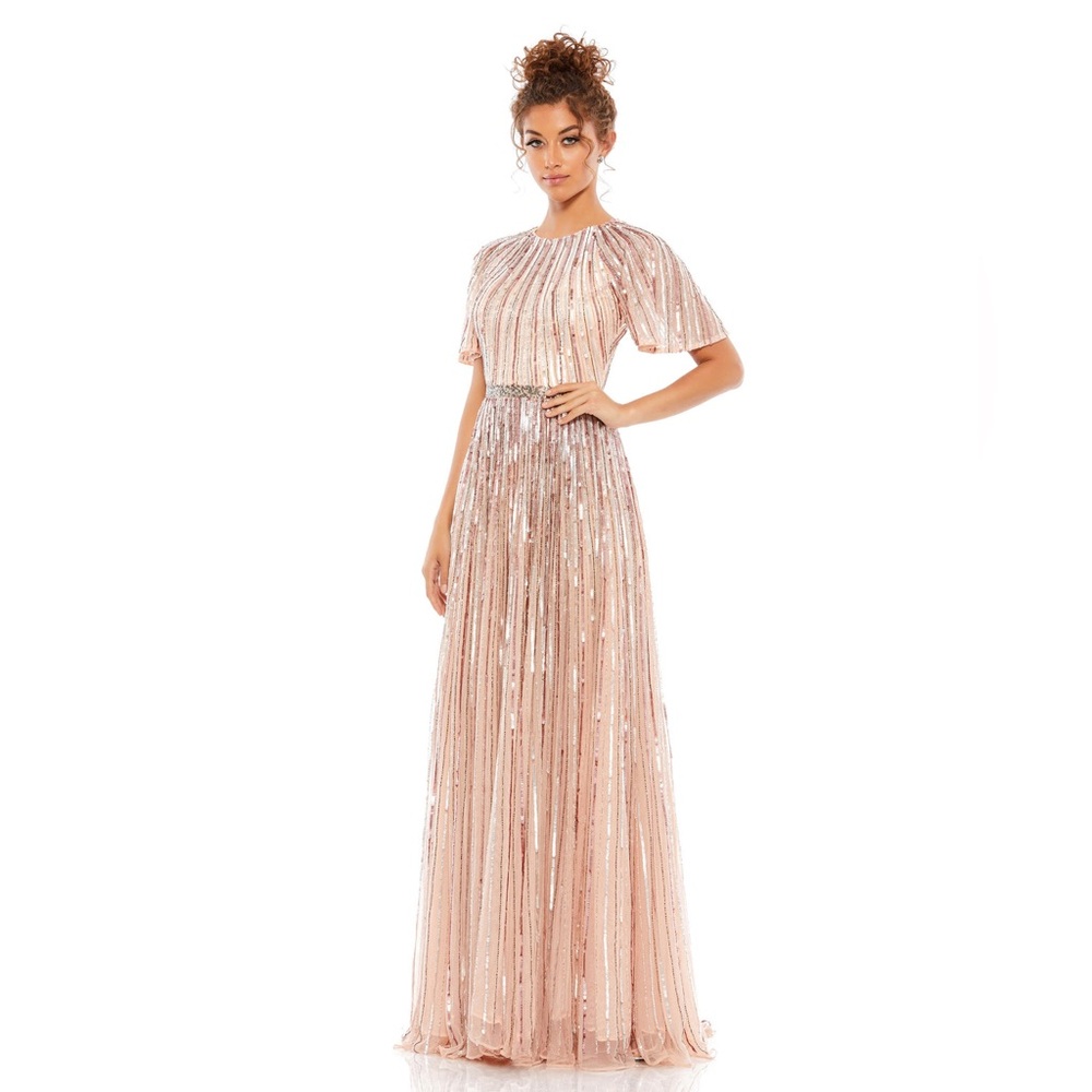 MAC DUGGAL 4913 Rose Gold Pink Sequin Ombre Modest A-Line Evening Gown Petticoat